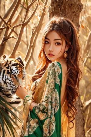 oil painting style, best quality, detailed face, full figure, a half-hybrid girl with a tiger, she has ears like a tiger and a tail like a tiger , the rest of her body is human, she has beautiful red hair, a beautiful symmetrical face with an innocent cut, she is in the forest, she has beautiful black eyes, wearing a floral print white saree dress, she is with other animals symmetrical, vibrant, style artwork, highly detailed CG, 8k wallpaper, beautiful face, full scene, full body shape