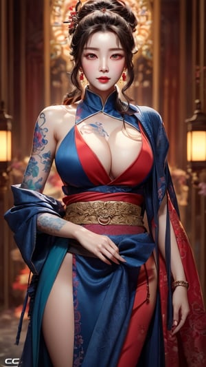 Image of a woman in her 50s with tattoos on her arms and wearing a dress, Inspired by Chen Yifei, Cinematic. Ren Jun, CGSociety and fenghua zhong, by ヤン・J, 🌺 CGSociety, Beautiful digital art, elegant Cinematic fantasy art, Very beautiful cyberpunk samurai, stunning CGSociety, Beautiful maiden, palace , Girl in HanfuUHD, retina, Masterpiece, necessary, anatomically correct, textured skin, super detail, High details, high quality, Award-winning, Best Quality, high resolution, 16k, 8k,Kamini,more detail,Kamini,more detail