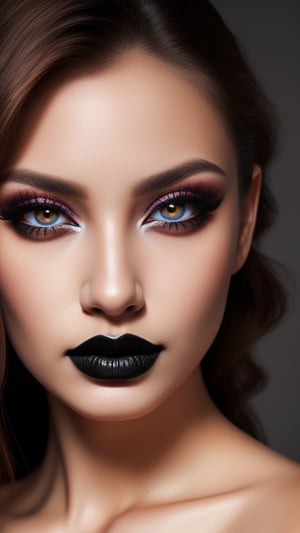 beautiful woman, makeup, detailed eyes, close-up of black lipstick, portrait, photorealistic, 8k, high-resolution, ultra-detailed, professional lighting, perfect skin, stunning features, intense gaze, intricate eyelashes, flawless complexion, vibrant colors, dramatic shadows, glossy finish