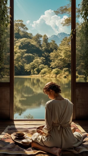 A serene still life of a lone girl, lost in thought as she sits on a blanket by the tranquil lake's edge, surrounded by muted hues of sandy beige and weathered wood. Her figure stretches out hyperrealistic intricate details, as if frozen in mid-twist, amidst a tapestry of lush greenery. The masterpiece unfolds before us, with every stroke of brushwork meticulously rendered to evoke an air of quiet contemplation.midjourney