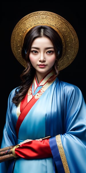  A girl, wearing hanfu, holding a sword, (negative space:1.4), gold and white and red hue, white background, (Cinematic lighting, ethereal light, intricate details, extremely detailed, incredible details, full colored), complex details, hyper maximalist, gorgeous light and shadow, detailed decoration, detailed lines. masterpiece, best quality, HDR, UHD, unreal engine. looking at the camera, fair skin, beautiful face,gongbi style,swordup,Realism