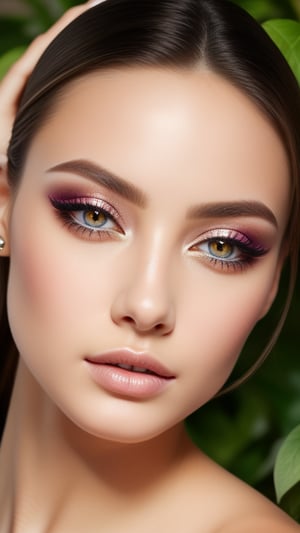 A masterpiece of feminine beauty: a stunning woman sits in a warm and inviting studio setting, surrounded by lush greenery, with a romantic atmosphere that exudes soft filters and vivid colors. Professional lighting accentuates her flawless skin, detailed features, and sparkling eyes, which seem to gleam like diamonds under the subtle highlight. Her pink-toned makeup is expertly applied, with shimmery eyeshadow adding depth to her intense gaze. Delicate eyelashes frame her beautiful, detailed eyes, while soft and natural makeup creates a glowing complexion. Well-defined eyebrows and perfectly manicured nails add to her polished appearance. As she looks directly into the camera, her mesmerizing gaze commands attention, showcasing impeccable grooming and resplendent charm.