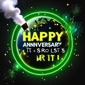 Text that reads
 “Happy anniversary Tensor Art #TA1st 👻”
in yellow, black,metallic,white, green, neon, sparkles,smoke,planet
,Cultivation,photo r3al,scenery, 