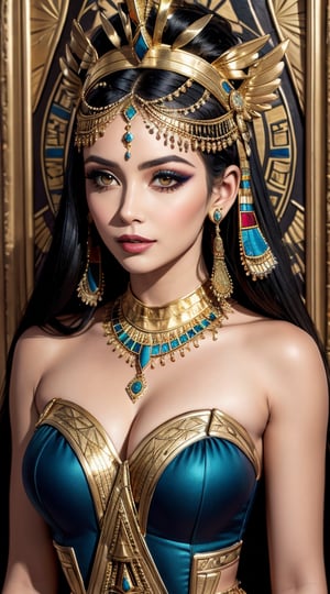 a woman with a black hair and gold jewelry on her head, egyptian makeup, egypt makeup, beautiful cleopatra, egyptian, egyptian princess, cleopatra portrait, by Hedi Xandt, cleopatra, wearing an egyptian crown, egyptian style, arab inspired, queen of snakes, wears a egyptian ankh necklace, ancient egyptian, traditional makeup, inspired by Hedi Xandt