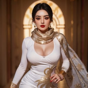 (masterpiece), (ultra high resolution), (extremely intricate), (exquisitely detailed), (F1.4, 1/800s, ISO 100, photorealistic),1girl, (beautiful gorgeous arabic woman),  looking_at_camera,Evil queen, homewrecker, white hair,huge breasts,((wearing skin tight slik dresss,scarf with gold jewellery)), thigh high stockings,(long eyelashes,double eyelids),(red eyeshadow,silver eyeliner,golden masacara),Full lips,bright red lipstick,golden glitter,
Romantic  makeup, 
standing,pin up style,