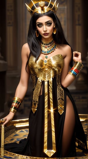 a woman with a black hair and gold jewelry on her head, egyptian makeup, egypt makeup, beautiful cleopatra, egyptian, egyptian princess, cleopatra portrait, by Hedi Xandt, cleopatra, wearing an egyptian crown, egyptian style, arab inspired, queen of snakes, wears a egyptian ankh necklace, ancient egyptian, traditional makeup, inspired by Hedi Xandt