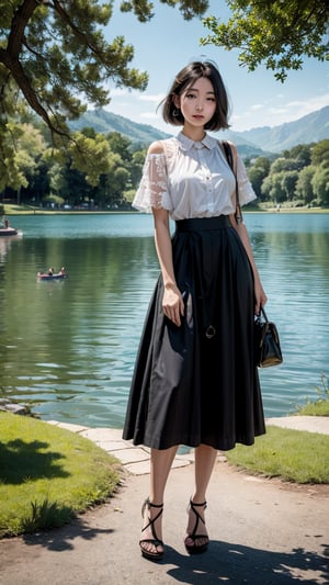 1 girl, picnic by the lake, mute colors,hyper elastic, masterpiece,More Detail,Colors,(full body portrait:1.3)