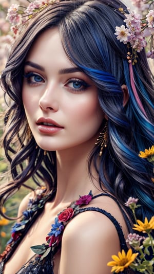 A captivating digital art portrait of a young woman surrounded by a vibrant array of flowers. Her wavy, dark blue hair frames her face, blending seamlessly with the floral elements around her. The flowers, in shades of orange, blue, and white, create a striking contrast against her pale skin. She gazes directly at the viewer with an intense, almost ethereal expression. The intricate details of the petals and leaves intertwine with her hair, giving the impression that she is one with nature. The overall composition is both delicate and dramatic, evoking a sense of mystery and enchantment.