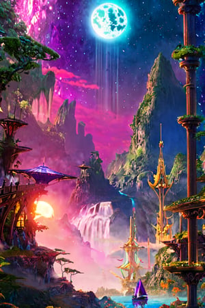 Highly detailed video game level design, Fantasy planet landscape with ship and moon, clouds, stars, planets, waterfalls, nebulae, mystical, purple, pink, blue, trending on artstation, beautiful, colorful, fantasy art, digital painting, hyperrealism, hyperdetailed, landscape, photorealistic, psychedelic, radiant,  vibrant, Has trees and an island, abandoned ship, has a mountain in the background, simple layout, full shot