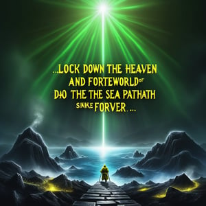 Text that reads
 “Lock down the fortune of heaven and seal the underworld. Those who do not achieve the true dao will sink into a sea of suffering and forever lose the path of the true dao. Walk the path of true dao!”
in yellow, black,metallic,white, green, neon, sparkles,smoke,planet
,Cultivation,photo r3al,scenery