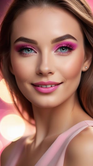 best quality,4k,8k,highres,masterpiece:1.2),ultra-detailed,(realistic,photorealistic,photo-realistic:1.37),woman,beautiful,face makeup,cute smile,vivid colors,sharp focus,studio lighting,soft skin,beautiful detailed eyes,beautiful detailed lips,endearing expression,colorful background,professional,portrait style,bokeh,pink color palette,subtle lighting effects