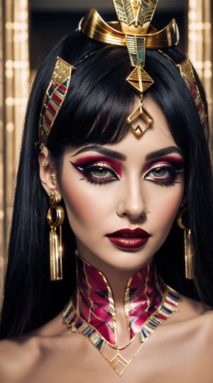 a woman with a black hair and gold jewelry on her head, egyptian makeup, egypt makeup, beautiful cleopatra, egyptian, egyptian princess, cleopatra portrait, by Hedi Xandt, cleopatra, wearing an egyptian crown, egyptian style, arab inspired, queen of snakes, wears a egyptian ankh necklace, ancient egyptian, traditional makeup, inspired by Hedi Xandt