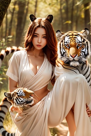 oil painting style, best quality, detailed face, full figure, a half-hybrid girl with a tiger, she has ears like a tiger and a tail like a tiger , the rest of her body is human, she has beautiful red hair, a beautiful symmetrical face with an innocent cut, she is in the forest, she has beautiful black eyes, wearing a floral print white saree dress, she is with other animals symmetrical, vibrant, style artwork, highly detailed CG, 8k wallpaper, beautiful face, full scene, full body shape