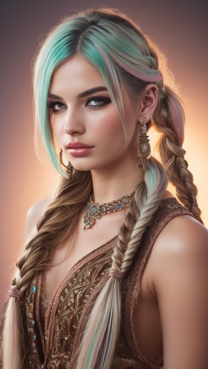 Full view professional photo of a beautiful fantasy model with (pastel hair,long hair,
French braided ponytail hair:1.3), extremely detailed hair bangs,(hair in front of eye:1.3).she is looking into the camera, henna pattern eye makeup, thick super long lashes, brown matte lipstick with thick lipliner,
,ultra-clear, high definition photography, dramatic lighting.  intricate silk scarves,brown and white jewellery, earrings, abstract neon backgrounds, fashion shoot, in the style of, Karol Bak, colorful, eye-catching compositions, vibrant palettes, play of light and shade, sparkling sunlight, super detailed, 8k, trending on artstation, sharp focus, studio photo, intricate details, highly detailed, by greg rutkowski,wide angle view from top,