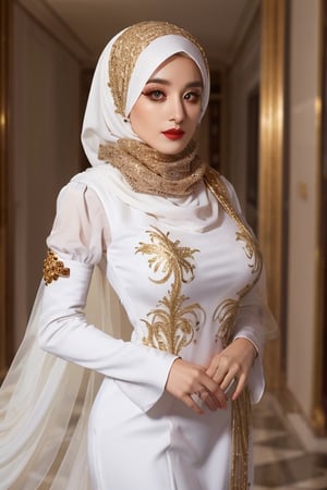 (masterpiece), (ultra high resolution), (extremely intricate), (exquisitely detailed), (F1.4, 1/800s, ISO 100, photorealistic),1girl, (beautiful gorgeous arabic woman),  looking_at_camera,Evil queen, homewrecker, white hair,huge breasts,((wearing full sleeve white wedding dresss,ivory colored hijab,scarf with gold jewellery)), thigh high stockings,(long eyelashes,double eyelids),(red eyeshadow,silver eyeliner,golden masacara),Full lips,bright red lipstick,golden glitter,
Romantic  makeup, 
standing,pin up style,