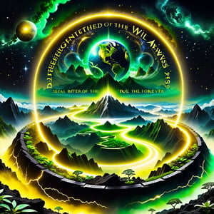 Text that reads
 “Enlightened, seal the will of the heavens. Engrave the dark days. All life doesn’t know the true dao. The bitter abyss forever distorts the true dao. Await the path of cultivation"
in yellow, black,metallic,white, green, neon, sparkles,smoke,planet
,Cultivation,photo r3al,scenery