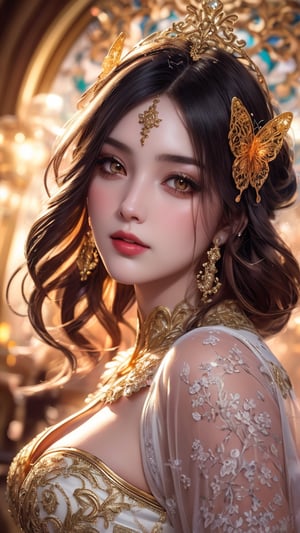 A girl, Mucha style, butterflies, art nouveau styles, gold and white and red hue, (dramatic lighting, ethereal light, intricate details, extremely detailed, incredible details, full colored), complex details, hyper maximalist, gorgeous light and shadow, detailed decoration, detailed lines. masterpiece, best quality, HDR, UHD, unreal engine, looking at viewer, fair skin, beautiful face, (photo background), depth of field, bokeh,