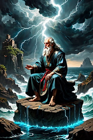 "In a style of Baroque, Caravaggio and Peter Paul Rubens.", "A chaotic scene of heroism set in a floating island above a stormy ocean, with bioluminescent plants illuminating the landscape. The mood is dreamy and ominous, with swirling clouds and flashes of lightning. The character is an elderly man with a serene expression, wearing an ancient robe adorned with modern technological enhancements and glowing runes. His posture is meditative, sitting cross-legged on a levitating rock. The art style is a blend of baroque and cyberpunk, with intricate, fluid brushstrokes. The scene includes cultural references to folklore, with mythical creatures like dragons and phoenixes interacting with futuristic drones. The historical context is set in an alternate reality where ancient magic and advanced technology coexist, creating a surreal and fantastical atmosphere."