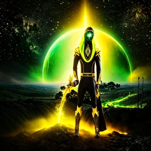 Text that reads
 “Enlightened, seal the will of the heavens. Engrave the dark days. All life doesn’t know the true dao. The bitter abyss forever distorts the true dao. Await the path of cultivation"
in yellow, black,metallic,white, green, neon, sparkles,smoke,planet
,Cultivation,photo r3al,scenery