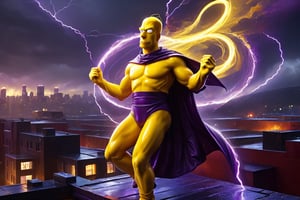 ((Homer Simpson)), dressed as Magneto from X-Men, yellow skin color, floating over a rooftop, purple and red costume, rainy, nighttime, cinematic lighting, highly detailed, ultra-realistic, digital art, extreme detail, trending an deviant art, by David Finch, full body shot,DonM3l3m3nt4lXL