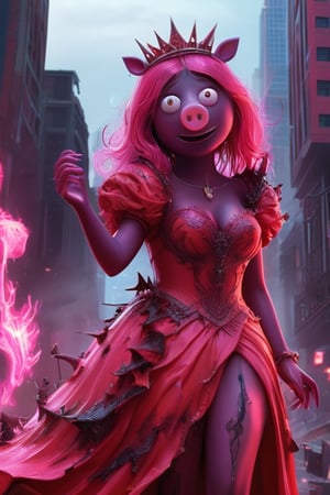 (full body 1.5) dark fantasy, Peppa Pig monster destroy a city, pink skin, red dress, looking at viewers, evil smiling, deadly looks, dark aura, dynamic pose, vibrant colors, maximum details, hyper realistic, trending on ArtStation, high quality render, octane render, 8k,LegendDarkFantasy