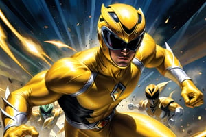 ((yellow Powerranger, Alex Ross style comic ,)) (( playing board game)) (Masterpiece, Best quality), (finely detailed eyes and detailed face), (Extremely detailed CG, intricate detailed, Best shadow), conceptual illustration, (illustration), (extremely fine and detailed), (Perfect details), (Depth of field),more detail XL,action shot