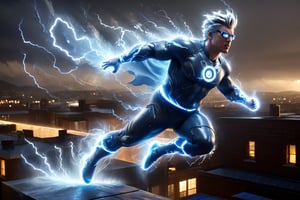 ((Peter Griffin)), dressed as Quicksilver from X-Men, running on a rooftop, lightnings appear from his body, brown hair color, bright blue costume, white lightning symbol on chest, rainy, nighttime, cinematic lighting, highly detailed, ultra-realistic, digital art, extreme detail, trending an deviant art, by David Finch, full body shot,DonM3l3m3nt4lXL