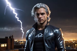 Quicksilver from X-Men standing on a rooftop, lightning aura, Dark and gritty, rainy, nighttime, muted colors, dark tones, cinematic, highly detailed, ultra-realistic, rendered with photorealism and extreme detail, trending an deviant art, by David Finch