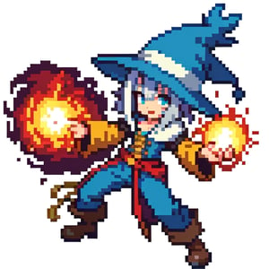 Vivi from final fantasy IX, casting a fireball, white background