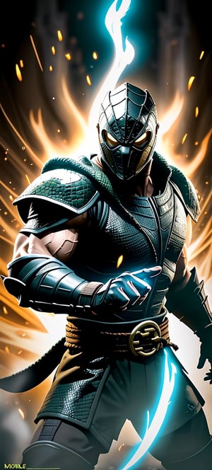 Reptile from Mortal Kombat, battle pose, high quality, digital art, by david finch, cinematic lighting