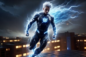 Quicksilver from X-Men, running on a rooftop, lightnings appear from his body, bright blue costume, white lightning symbol on chest, rainy, nighttime, muted colors, dark tones, cinematic lighting, highly detailed, ultra-realistic, digital art, extreme detail, trending an deviant art, by David Finch, full body shot,DonM3l3m3nt4lXL