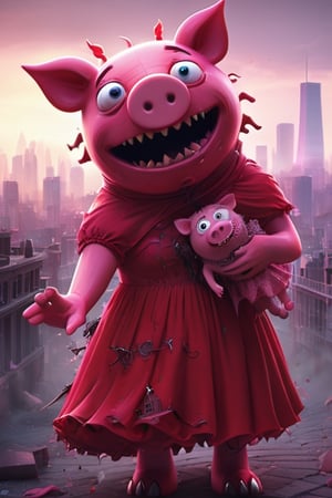 (full body 1.5) dark fantasy, Peppa Pig monster destroy a city, pink skin, red dress, shoulder free, sharp teeth, big pig nose, holding teddy, looking at viewers, evil smiling, deadly looks, poisonous aura, dynamic pose, vibrant colors, maximum details, hyper realistic, trending on ArtStation, high quality render, octane render, 8k,LegendDarkFantasy