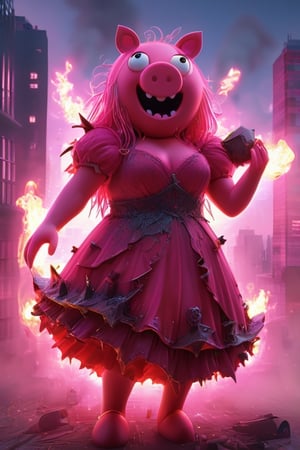 (full body 1.5) dark fantasy, Peppa Pig monster destroy a city, pink skin, red dress, shoulder free, big pig nose, holding teddy, looking at viewers, evil smiling, deadly looks, burning aura, dynamic pose, vibrant colors, maximum details, hyper realistic, trending on ArtStation, high quality render, octane render, 8k,LegendDarkFantasy