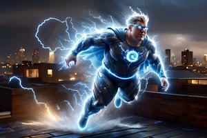 ((Peter Griffin)), dressed as Quicksilver from X-Men, running on a rooftop, lightnings appear from his body, brown hair color, bright blue costume, white lightning symbol on chest, rainy, nighttime, cinematic lighting, highly detailed, ultra-realistic, digital art, extreme detail, trending an deviant art, by David Finch, full body shot,DonM3l3m3nt4lXL