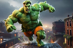 ((Fred Flintstone)), as Hulk, running over a rooftop, the ground breaks because of his stomping, screaming, rainy, nighttime, cinematic lighting, highly detailed, ultra-realistic, digital art, extreme detail, trending an deviant art, by David Finch, full body shot,DonM3l3m3nt4lXL,more detail XL