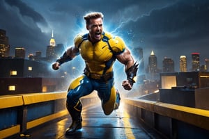 ((Arnold Schwarzenegger)), dressed as wolverine from X-Men, running over a rooftop, screaming, yellow and blue costume, rainy, nighttime, cinematic lighting, highly detailed, ultra-realistic, digital art, extreme detail, trending an deviant art, by David Finch, full body shot,DonM3l3m3nt4lXL,more detail XL
