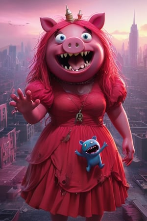 (full body 1.5) dark fantasy, Peppa Pig monster destroy a city, pink skin, red dress, shoulder free, sharp teeth, big pig nose, holding teddy, looking at viewers, evil smiling, deadly looks, poisonous aura, dynamic pose, vibrant colors, maximum details, hyper realistic, trending on ArtStation, high quality render, octane render, 8k,LegendDarkFantasy