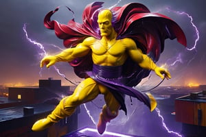 ((Homer Simpson)), dressed as Magneto from X-Men, yellow skin color, floating over a rooftop, floating scrap metal, purple and red costume, rainy, nighttime, cinematic lighting, highly detailed, ultra-realistic, digital art, extreme detail, trending an deviant art, by David Finch, full body shot,DonM3l3m3nt4lXL