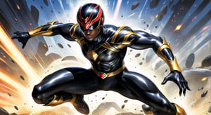 ((black Powerranger, Alex Ross style comic ,)) (( Action pose)) (Masterpiece, Best quality), (finely detailed eyes and detailed face), (Extremely detailed CG, intricate detailed, Best shadow), conceptual illustration, (illustration), (extremely fine and detailed), (Perfect details), (Depth of field),more detail XL,action shot