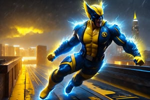 ((Arnold Schwarzenegger)), dressed as wolverine from X-Men, running over a rooftop, screaming, yellow and blue costume, rainy, nighttime, cinematic lighting, highly detailed, ultra-realistic, digital art, extreme detail, trending an deviant art, by David Finch, full body shot,DonM3l3m3nt4lXL
