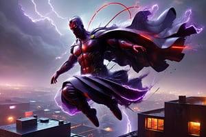 ((Homer Simpson)), dressed as Magneto from X-Men, floating over a rooftop, floating scrap metal, purple and red costume, rainy, nighttime, cinematic lighting, highly detailed, ultra-realistic, digital art, extreme detail, trending an deviant art, by David Finch, full body shot,DonM3l3m3nt4lXL