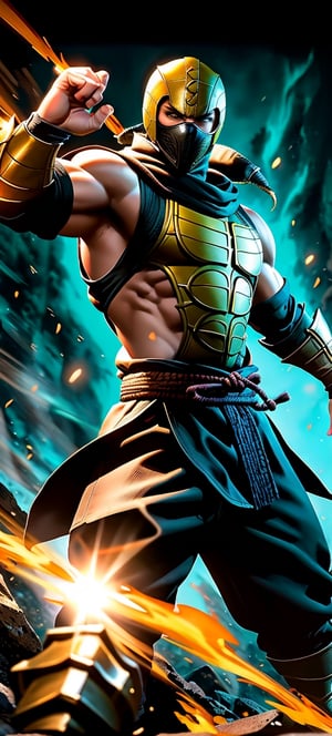 Scorpion from Mortal Kombat, battle pose, high quality, digital art, by david finch, cinematic lighting