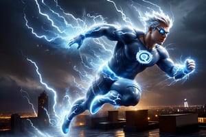 ((Peter Griffin)), dressed as Quicksilver from X-Men, running on a rooftop, lightnings appear from his body, bright blue costume, white lightning symbol on chest, rainy, nighttime, cinematic lighting, highly detailed, ultra-realistic, digital art, extreme detail, trending an deviant art, by David Finch, full body shot,DonM3l3m3nt4lXL