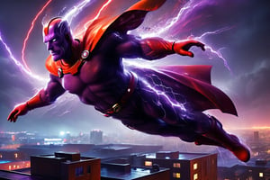 ((Homer Simpson)), dressed as Magneto from X-Men, floating over a rooftop, purple and red costume, rainy, nighttime, cinematic lighting, highly detailed, ultra-realistic, digital art, extreme detail, trending an deviant art, by David Finch, full body shot,DonM3l3m3nt4lXL