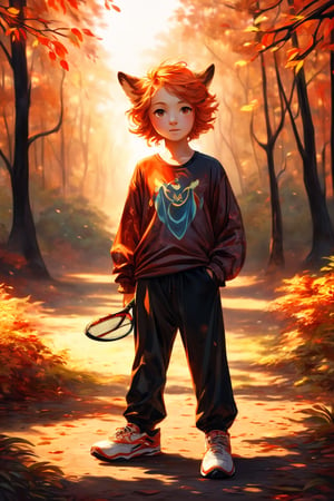 human, reddish colors, portrait, 1 child, fox, realistic, human face, (peach fur), carefree, fox ears, fox tail, red-haired child, ((orange hair, short hair, disheveled hair)), eyes red, ((1910s clothing, long-sleeved t-shirt, baggy pants, white (tan) tennis shoes), surrounded by trees, forest in autumn, red hour, ground full of leaves art_nouveau, art nouveau architecture, art nouveau designs , pose, cute, dreamy, full background, perfect hands, landscape, (gradients) ), focus face, Animal, FurryCore,