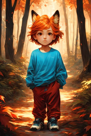 human, reddish colors, portrait, 1 child, fox, realistic, human face, (peach fur), carefree, fox ears, fox tail, red-haired child, ((orange hair, short hair, disheveled hair)), eyes red, ((Clothes from the 2010s, long-sleeved t-shirt, blue t-shirt, baggy pants, red pants, white tennis shoes (tan)), surrounded by trees, forest in autumn, red hour, ground full of leaves art_nouveau, architecture art nouveau, art nouveau designs, pose, cute, dreamy, full background, perfect hands, landscape, (gradients), focus face, Human, FurryCore,