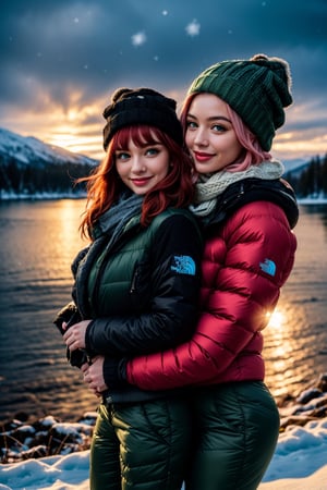 ((2 girls posing )). ultrarealistic:1.4,  8k,  girl on the left is((hair is short light pink)). girl on the right is ((hair is long straight red:1.4). ( laughting, smile, happiness, green_eyes, perfect skin, fit body, 4k, slim, dressed in the North Face black jacket, black trekking pants, black wooly hat, scarf, winter glooves), (in a Swiss forest, , snowing hard, a lake in the background, snowy landscape), ((golden hour))