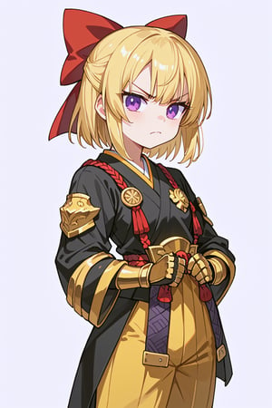 score_9, score_8_up, score_7_up, RANCEX, 1girl, solo, blonde hair, short hair, purple eyes, cute, kawaii, tsundere, jitome, cute, kawaii, red bow, hair bow, japanese clothes, black kimono, samurai_armor, gold armor, gauntlets, yellow hakama, standing, closed mouth, white background, simple background