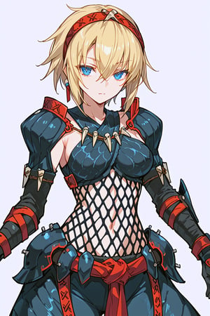 score_9, score_8_up, score_7_up, RANCEX, 1girl, solo, blonde hair, short hair, hair between eyes, blue eyes, tsurime, nargacuga alpha armor, black gloves, black long pants, red hairband, fishnets, kunoichi, white background, simple background