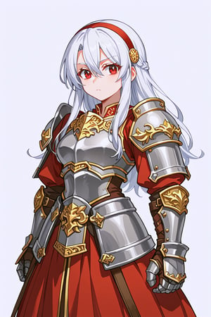 score_9, score_8_up, score_7_up, RANCEX, 1girl, solo, white hair, long_hair, red eyes, hair between eyes, white eyelashes, dwarf, cute, kawaii, red hairband, red dress, full armor, (armor:1.4), sliver armor, gauntlets, skirt, standing, white background, simple background